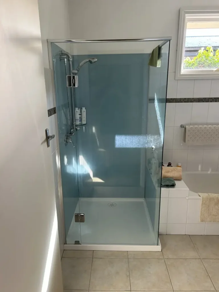 Glass shower enclosure with a hinged door and chrome hardware