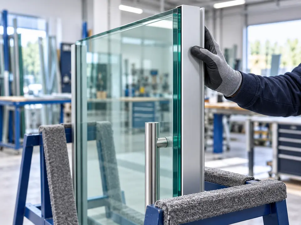 Illustration of an intact safety glass door panel supported on a padded workshop rack