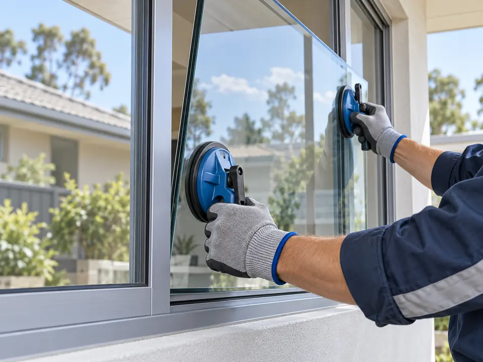 Illustration of a glazier positioning replacement glass in a residential window